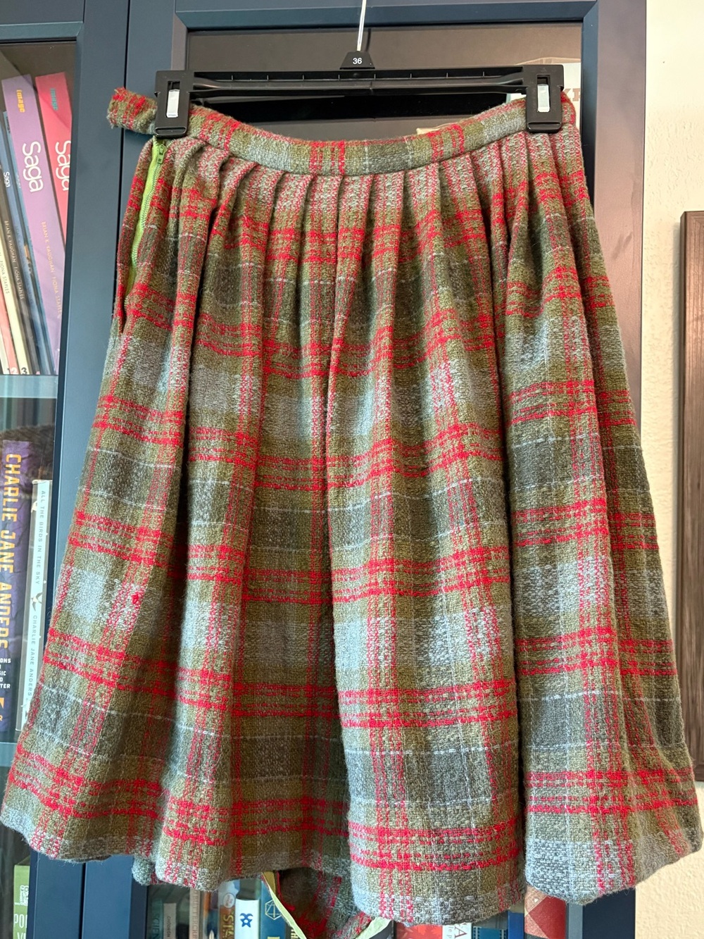 Women's Green, Red, Gray Plaid Pleated Wool Mini Skirt 1960s Vintage